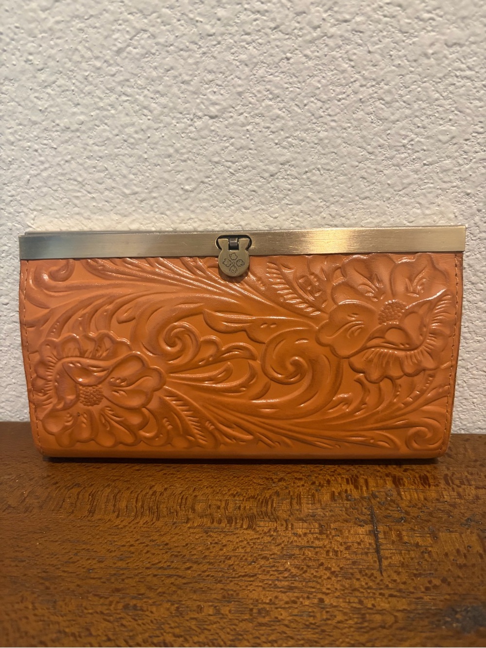 Patricia Nash Cognac Tooled Leather Floral Clutch Wallet